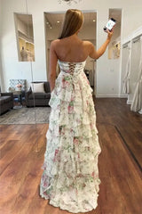 Floral Sweetheart Long Ruffled Chiffon Prom Dress With Slit Formal Evening Gown