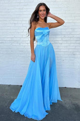 Blue Flowing Chiffon Strapless Corset Prom Dress With Bow Bodice Formal Evening Gown