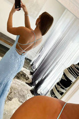 Blue Halter Prom Dress Backless Mermaid Tulle Evening Dress with Appliques