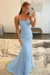Blue Halter Prom Dress Backless Mermaid Tulle Evening Dress with Appliques