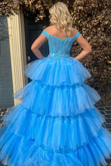 Blue High Low Homecoming Dress Tiered Prom Dress with Lace