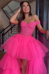 Blue High Low Homecoming Dress Tiered Prom Dress with Lace