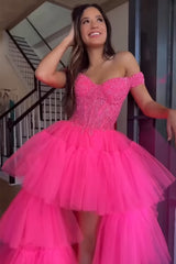 Blue High Low Homecoming Dress Tiered Prom Dress with Lace