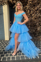 Blue High Low Homecoming Dress Tiered Prom Dress with Lace