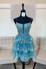 Blue Homecoming Dress A Line Corset Tiered Short Cocktail Dresses