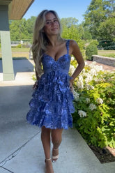 Blue Homecoming Dress A Line Sequin Short Ruffled Prom Dress