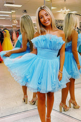 Blue Homecoming Dress A-Line Strapless Ruffled Short Prom Dress