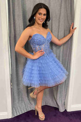 Blue Homecoming Dress A Line Strapless Tiered Short Prom Dress With Appliques