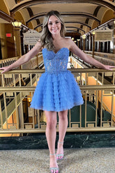 Blue Homecoming Dress A Line Strapless Tiered Short Prom Dress With Appliques