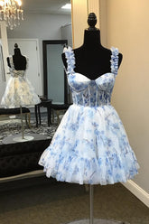 Blue Homecoming Dress Corset A Line Floral Printed Short Cocktail Dresses