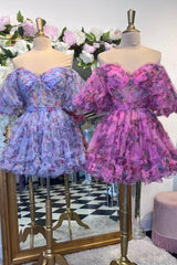 Blue Homecoming Dress Corset Off The Shoulder Floral A-Line Short Cocktail Dresses