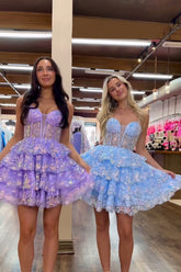 Blue Homecoming Dress Corset Ruffled Sequin Short Prom Dress
