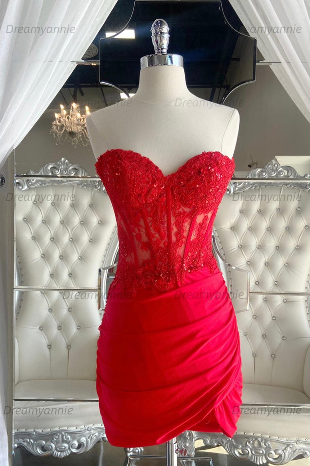 Strapless Corset Red Homecoming Dress Tight Short Cocktail Dresses with Lace