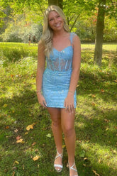 Blue Homecoming Dress Corset Sequin Tight Short Cocktail Dresses With Feathers