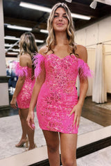 Blue Homecoming Dress Lace Sequined Tight Short Prom Dress with Feathers