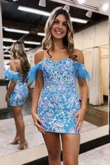 Blue Homecoming Dress Lace Sequined Tight Short Prom Dress with Feathers