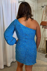 Blue Homecoming Dress One Shoulder Sequin Tight Prom Dress