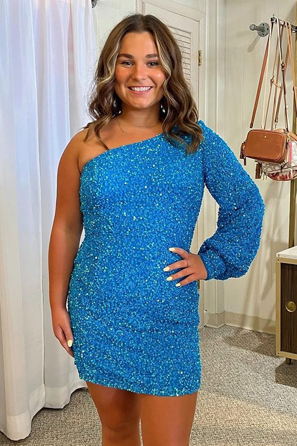 Blue Homecoming Dress One Shoulder Sequin Tight Prom Dress