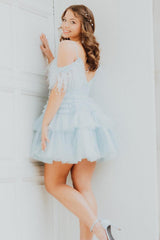 Blue Homecoming Dress Ruffled Short Cocktail Dresses With Feathers