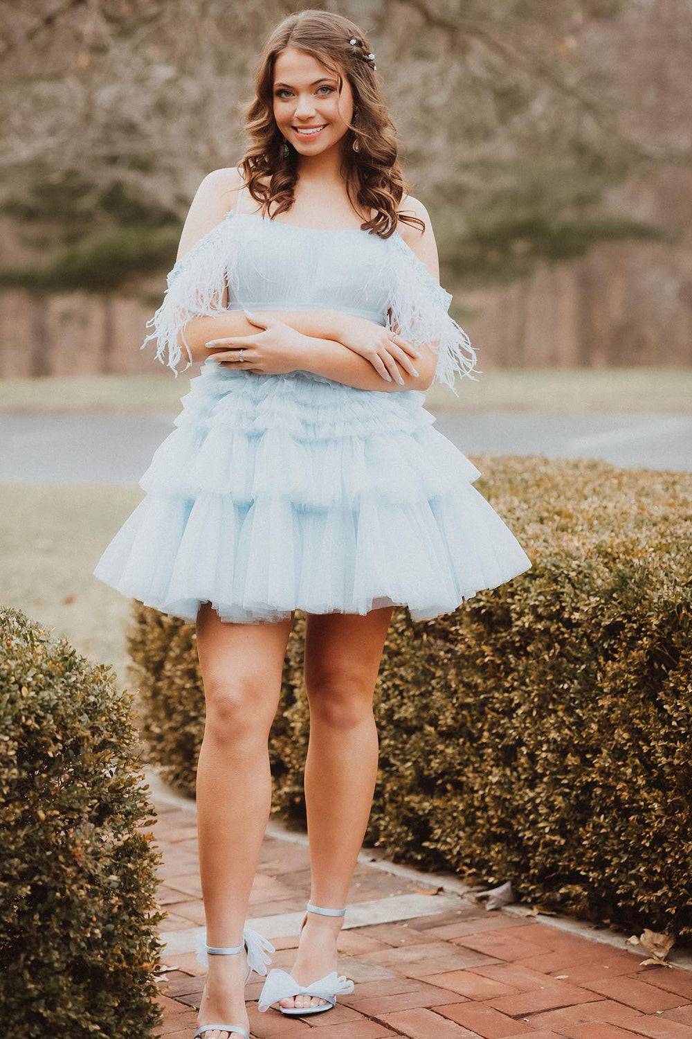 Blue Homecoming Dress Ruffled Short Cocktail Dresses With Feathers