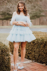 Blue Homecoming Dress Ruffled Short Prom Dress With Feathers
