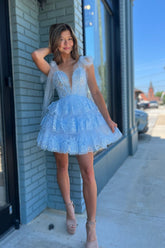 Blue Homecoming Dress Sequin A Line Short Prom Dress