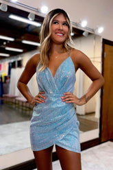 Blue Homecoming Dress Sequin Asymmetrical Tight Short Cocktail Dresses