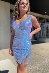 Blue Homecoming Dress Sequin Tight Short Prom Dress with Fringes