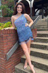 Blue Homecoming Dress Sequined One Shoulder Tight Short Cocktail Dresses with Fringes