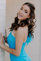 Blue Homecoming Dress Sequined One Shoulder Tight Short Prom Dress with Feathers