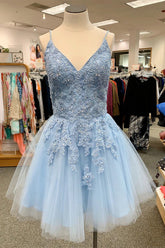 Blue Homecoming Dress Spaghetti Straps Prom Dress With Appliques