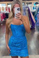 Blue Homecoming Dress Strapless Corset Tight Short Prom Dress