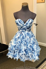 Blue Homecoming Dress Sweetheart A Line Printed Tiered Cocktail Party Dresses