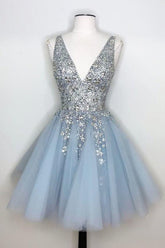 Blue Homecoming Dress V Neck Prom Dress With Beadings