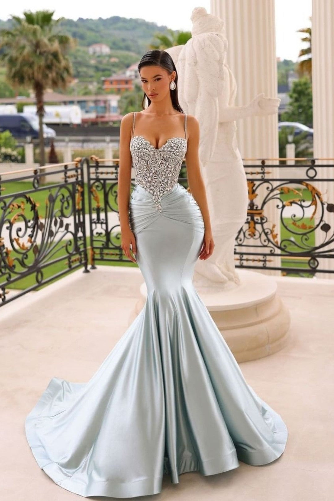 Blue Mermaid Prom Dress Beaded Spaghetti Straps Formal Dress