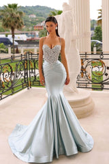 Blue Mermaid Prom Dress Beaded Spaghetti Straps Formal Dress