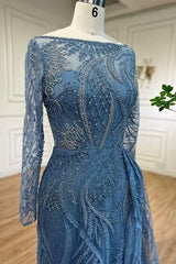Blue Mermaid Prom Dress Long Sleeve Bateau Neck Formal Dress With Lace Appliques