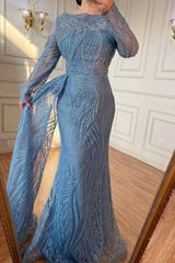 Blue Mermaid Prom Dress Long Sleeve Bateau Neck Formal Dress With Lace Appliques