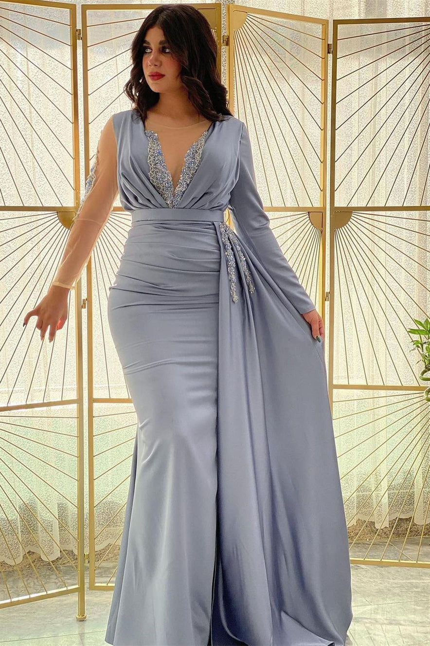 Blue Mermaid Prom Dress Long Sleeve Beaded Formal Dress
