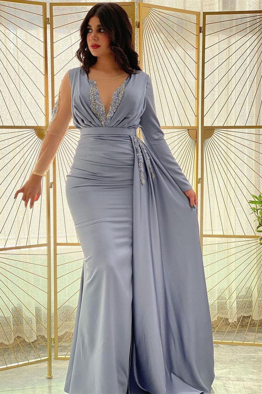 Blue Mermaid Prom Dress Long Sleeve Beaded Formal Dress