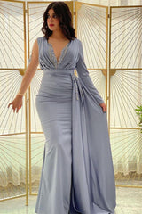 Blue Mermaid Prom Dress Long Sleeve Beaded Formal Dress