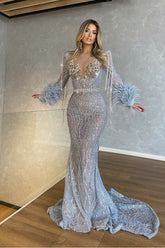 Blue Mermaid Prom Dress Long Sleeve Formal Dress