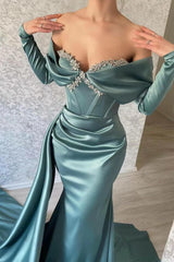 Blue Mermaid Prom Dress Long Sleeve Off the Shoulder Beaded Formal Dress