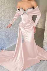 Blue Mermaid Prom Dress Long Sleeve Off the Shoulder Beaded Formal Dress