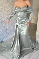 Blue Mermaid Prom Dress Long Sleeve Off the Shoulder Beaded Formal Dress
