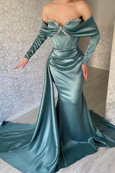 Blue Mermaid Prom Dress Long Sleeve Off the Shoulder Beaded Formal Dress