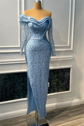 Blue Mermaid Prom Dress Long Sleeve Off the Shoulder Sequined Formal Dress