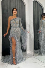 Blue Mermaid Prom Dress Long Sleeve One Shoulder Beaded Formal Dress