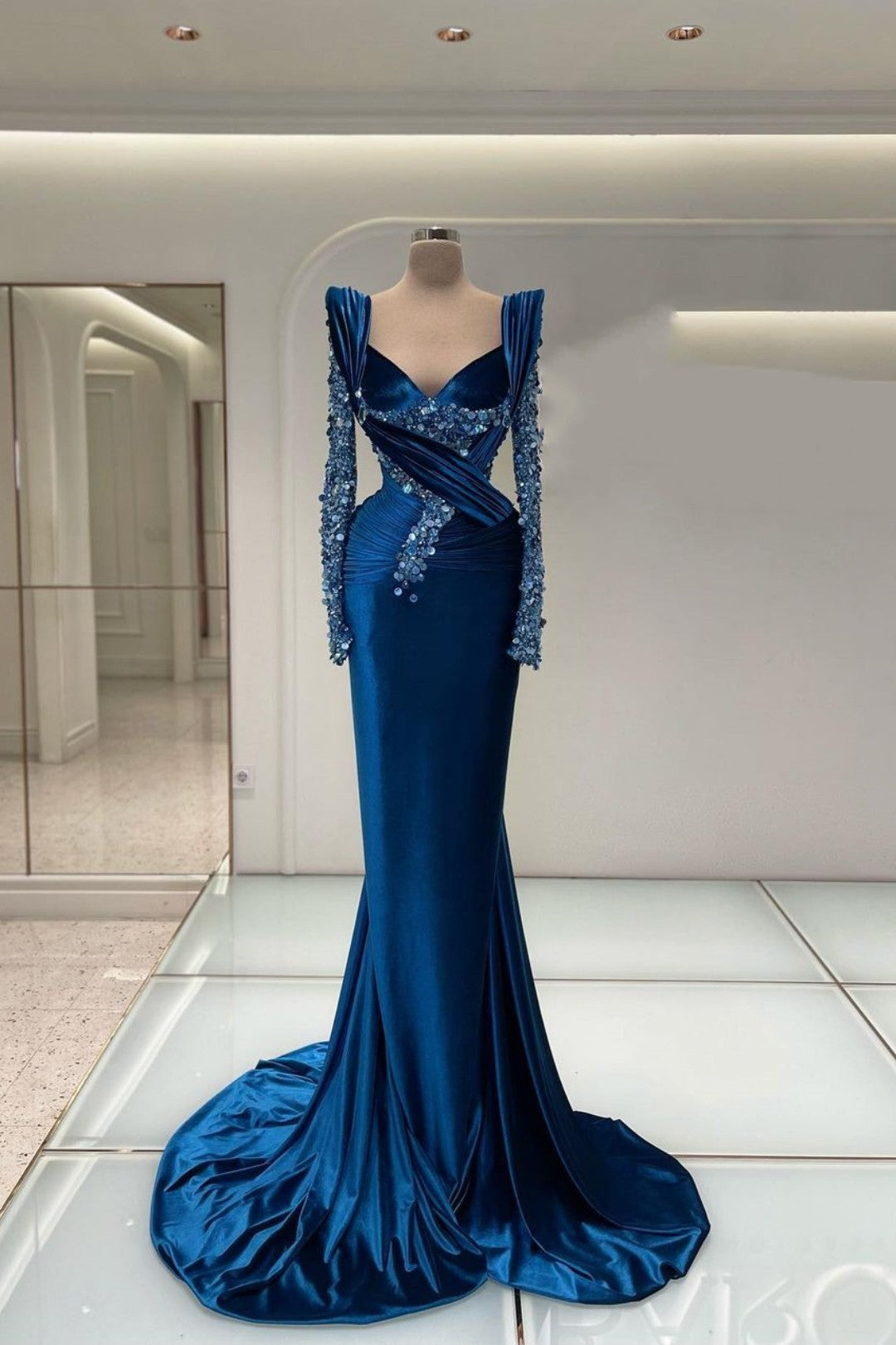 Blue Mermaid Prom Dress Long Sleeve V Neck Satin Sequined Formal Dress