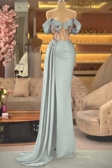 Blue Mermaid Prom Dress Off the Shoulder Beaded Formal Dress